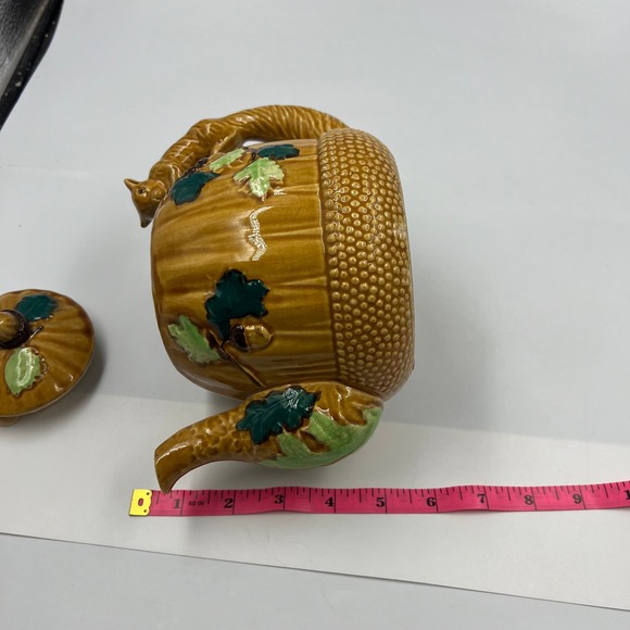 Majolica Pottery Occupied Japan Teapot Acorn Forest Squirrel Handle Ceramic - Picture 8 of 15